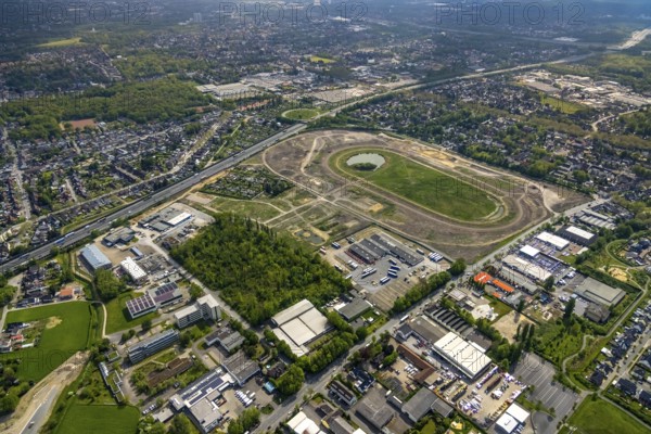 Aerial view of the former trotting track in the Hillerheide district, ISEK project Wohnen am Wasser, district development concept (ISEK) Hillerheide, Hillerheide, Recklinghausen, Ruhr area, North Rhine-Westphalia, Germany, DE, Europe, aerial view, birds-eyes view, aerial photograph, aerial photography, aerial photography, overview, bird's eye view