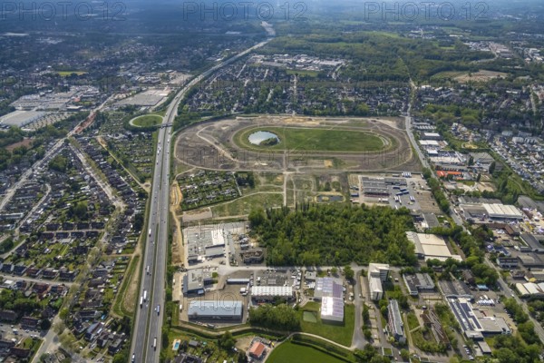 Aerial view of the former trotting track in the Hillerheide district, ISEK project Wohnen am Wasser, district development concept (ISEK) Hillerheide, Hillerheide, Recklinghausen, Ruhr area, North Rhine-Westphalia, Germany, DE, Europe, aerial view, birds-eyes view, aerial photograph, aerial photography, aerial photography, overview, bird's eye view