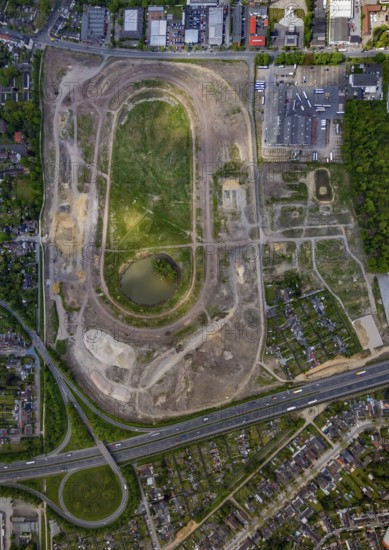 Aerial view of the former trotting track in the Hillerheide district, ISEK project Wohnen am Wasser, district development concept (ISEK) Hillerheide, Hillerheide, Recklinghausen, Ruhr area, North Rhine-Westphalia, Germany, DE, Europe, aerial view, birds-eyes view, aerial photograph, aerial photography, aerial photography, overview, bird's eye view