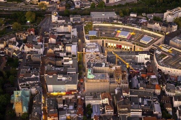 Aerial view, old town with Kaiserwall, Palais Vest shopping centre, city centre, Recklinghausen, Ruhr area, North Rhine-Westphalia, Germany, construction site, DE, twilight photography, shopping centre, shopping malls, shopping centre, Europe, light pollution, aerial photography, aerial photography, night, night photography, night flight, shopping, shopping centre, overview, bird's eye view, illuminated streets, birds-eyes view, nightflight, overview