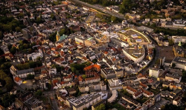 Aerial view, old town with Kaiserwall, Palais Vest shopping centre, catholic ProbsteiKirche St. Peter, city centre, Recklinghausen, Ruhr area, North Rhine-Westphalia, Germany, place of worship, DE, twilight photography, shopping centre, shopping square, shopping mall, Europe, religious community, place of worship, holy place, church, parish, denomination, light pollution, aerial photograph, aerial photography, night, night photography, night flight, religion, religious site, shopping centre, overview, bird's-eye view, illuminated streets, birds-eyes view, nightflight, overview