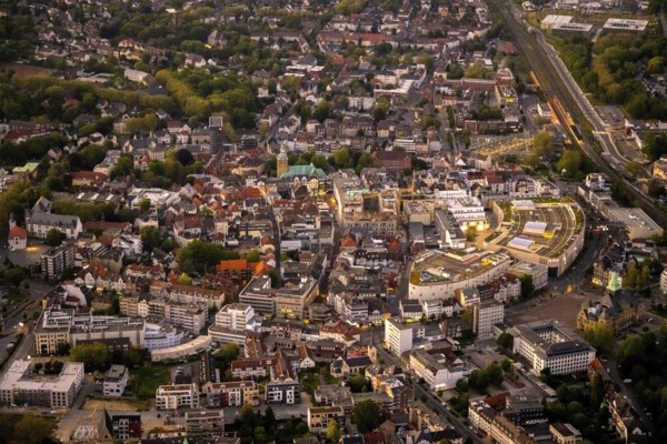 Aerial view, old town with Kaiserwall, Palais Vest shopping centre, catholic ProbsteiKirche St. Peter, city centre, Recklinghausen, Ruhr area, North Rhine-Westphalia, Germany, place of worship, DE, twilight photography, shopping centre, shopping square, shopping mall, Europe, religious community, place of worship, holy place, church, parish, denomination, light pollution, aerial photograph, aerial photography, night, night photography, night flight, religion, religious site, shopping centre, overview, bird's-eye view, illuminated streets, birds-eyes view, nightflight, overview