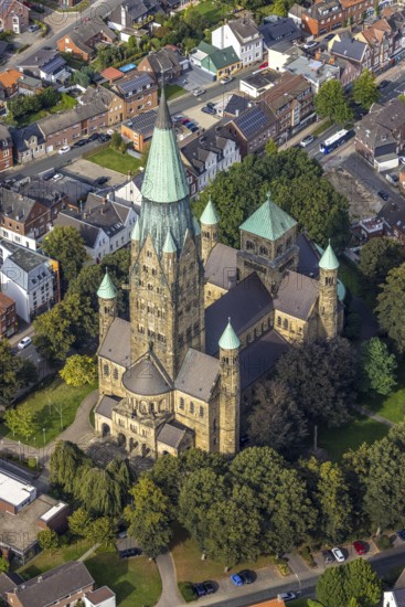 Aerial view, St. Anthony's Basilica Catholic Church in Rheine City in Rheine, Münsterland, North Rhine-Westphalia, Germany, place of worship, DE, Europe, religious community, place of worship, holy place, church, parish, denomination, aerial photograph, aerial photography, aerial photography, religion, religious site, Rheine, overview, bird's-eye view, birds-eyes view, neo-Romanesque church building, overview