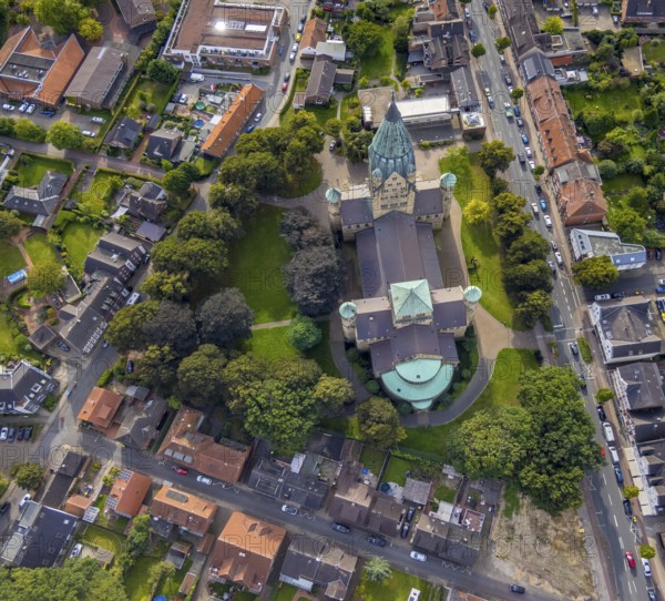 Aerial view, St. Anthony's Basilica Catholic Church in Rheine City in Rheine, Münsterland, North Rhine-Westphalia, Germany, place of worship, DE, Europe, religious community, place of worship, holy place, church, parish, denomination, aerial photograph, aerial photography, aerial photography, religion, religious site, Rheine, overview, bird's-eye view, birds-eyes view, neo-Romanesque church building, overview