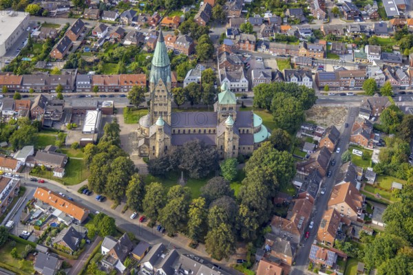 Aerial view, St. Anthony's Basilica Catholic Church in Rheine City in Rheine, Münsterland, North Rhine-Westphalia, Germany, place of worship, DE, Europe, religious community, place of worship, holy place, church, parish, denomination, aerial photograph, aerial photography, aerial photography, religion, religious site, Rheine, overview, bird's-eye view, birds-eyes view, neo-Romanesque church building, overview