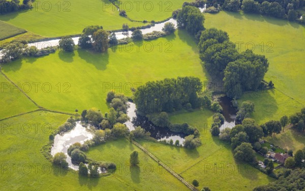 Aerial view, river Ems in the nature reserve Emsaue at the district Gellendorf in Rheine, Münsterland, North Rhine-Westphalia, Germany, DE, Europe, shapes and colours, aerial view, aerial photography, aerial photography, NSG Emsauen, Rheine, overview, bird's eye view, birds-eyes view, overview