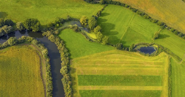 Aerial view, river Ems in the nature reserve Emsaue at the district Gellendorf in Rheine, Münsterland, North Rhine-Westphalia, Germany, DE, Europe, shapes and colours, aerial view, aerial photography, aerial photography, NSG Emsauen, Rheine, overview, bird's eye view, birds-eyes view, overview