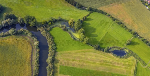 Aerial view, river Ems in the nature reserve Emsaue at the district Gellendorf in Rheine, Münsterland, North Rhine-Westphalia, Germany, DE, Europe, shapes and colours, aerial view, aerial photography, aerial photography, NSG Emsauen, Rheine, overview, bird's eye view, birds-eyes view, overview