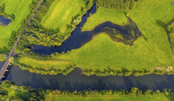 Aerial view, river Ems in the nature reserve Emsaue at the district Gellendorf in Rheine, Münsterland, North Rhine-Westphalia, Germany, DE, Europe, shapes and colours, aerial view, aerial photography, aerial photography, NSG Emsauen, Rheine, overview, bird's eye view, birds-eyes view, overview