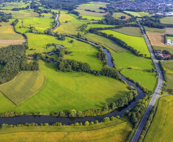 Aerial view, river Ems in the nature reserve Emsaue at the district Gellendorf in Rheine, Münsterland, North Rhine-Westphalia, Germany, DE, Europe, shapes and colours, aerial view, aerial photography, aerial photography, NSG Emsauen, Rheine, overview, bird's eye view, birds-eyes view, overview
