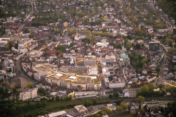 Aerial view, old town with Kaiserwall, Palais Vest shopping centre, catholic ProbsteiKirche St. Peter, city centre, Recklinghausen, Ruhr area, North Rhine-Westphalia, Germany, place of worship, DE, twilight photography, shopping centre, shopping square, shopping mall, Europe, religious community, place of worship, holy place, church, parish, denomination, light pollution, aerial photograph, aerial photography, night, night photography, night flight, religion, religious site, shopping centre, overview, bird's-eye view, illuminated streets, birds-eyes view, nightflight, overview
