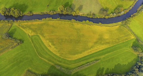 Aerial view, river Ems in the nature reserve Emsaue at the district Gellendorf in Rheine, Münsterland, North Rhine-Westphalia, Germany, DE, Europe, shapes and colours, aerial view, aerial photography, aerial photography, NSG Emsauen, Rheine, overview, bird's eye view, birds-eyes view, overview