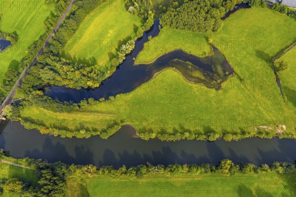 Aerial view, river Ems in the nature reserve Emsaue at the district Gellendorf in Rheine, Münsterland, North Rhine-Westphalia, Germany, DE, Europe, shapes and colours, aerial view, aerial photography, aerial photography, NSG Emsauen, Rheine, overview, bird's eye view, birds-eyes view, overview