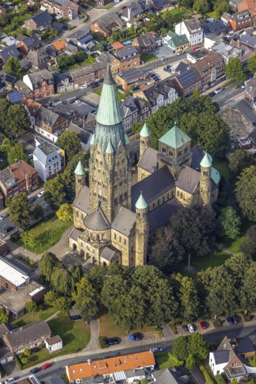 Aerial view, St. Anthony's Basilica Catholic Church in Rheine City in Rheine, Münsterland, North Rhine-Westphalia, Germany, place of worship, DE, Europe, religious community, place of worship, holy place, church, parish, denomination, aerial photograph, aerial photography, aerial photography, religion, religious site, Rheine, overview, bird's-eye view, birds-eyes view, neo-Romanesque church building, overview