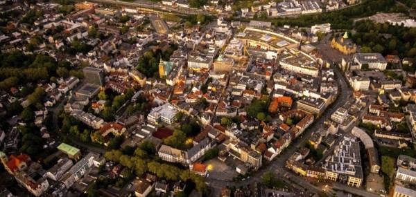 Aerial view, old town with Kaiserwall, Palais Vest shopping centre, town hall, catholic ProbsteiKirche St. Peter, city centre, Recklinghausen, Ruhr area, North Rhine-Westphalia, Germany, place of worship, authority, DE, twilight photography, shopping centre, shopping square, shopping mall, Europe, religious community, place of worship, holy place, church, parish, denomination, light pollution, aerial view, aerial photography, aerial photography, night, night photography, night flight, religion, religious site, shopping centre, overview, bird's eye view, illuminated streets, birds-eyes view, nightflight, overview