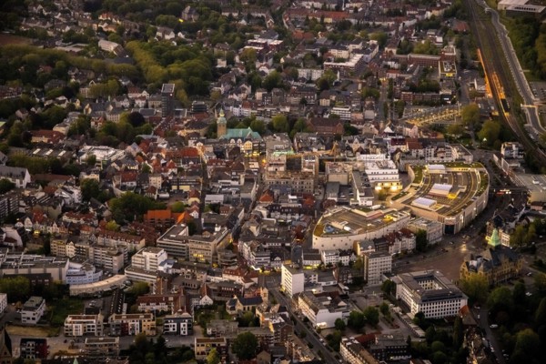 Aerial view, old town with Kaiserwall, Palais Vest shopping centre, catholic ProbsteiKirche St. Peter, city centre, Recklinghausen, Ruhr area, North Rhine-Westphalia, Germany, place of worship, DE, twilight photography, shopping centre, shopping square, shopping mall, Europe, religious community, place of worship, holy place, church, parish, denomination, light pollution, aerial photograph, aerial photography, night, night photography, night flight, religion, religious site, shopping centre, overview, bird's-eye view, illuminated streets, birds-eyes view, nightflight, overview