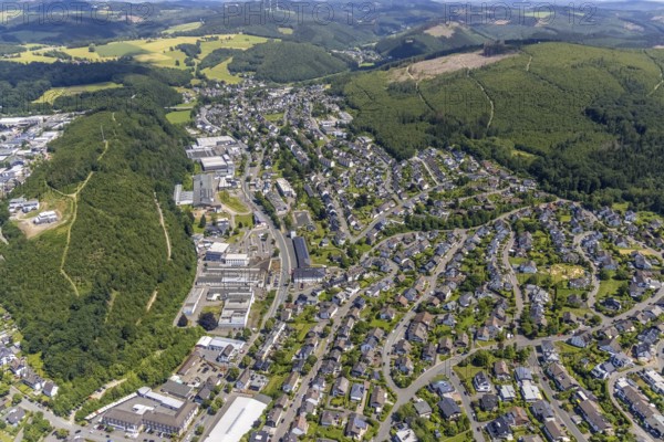 Aerial view, Olper Hütte industrial estate, Olpe town, Olpe, Sauerland, North Rhine-Westphalia, Germany, DE, Europe, aerial photograph, aerial photography, aerial photography, overview, bird's-eye view, birds-eyes view, overview