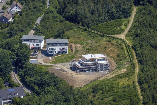 Aerial view, construction site and new building Lindenhardt, Olpe-Stadt, Olpe, Sauerland, North Rhine-Westphalia, Germany, DE, Europe, aerial view, aerial photography, aerial photography, overview, bird's-eye view, overview