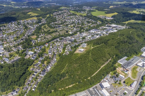 Aerial view, industrial estate Westfälische Straße, municipal cemetery, Olpe town, Olpe, Sauerland, North Rhine-Westphalia, Germany, burial site, DE, Europe, cemetery, memorial, Gottesacker, burial ground, aerial photograph, aerial photography, aerial photography, resting place, overview, bird's-eye view, overview