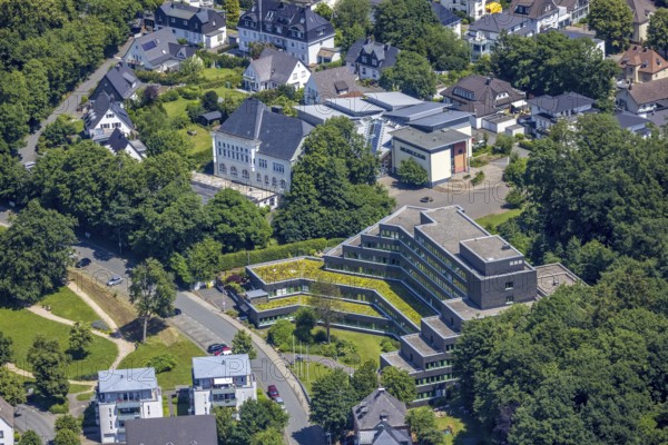 Aerial photo, Olpe tax office and catholic Gallenberg school, Olpe town, Olpe, Sauerland, North Rhine-Westphalia, Germany, authority, education, educational institution, DE, Europe, tax office, primary school, teaching institute, aerial photo, aerial photography, aerial photography, school, overview, bird's-eye view, birds-eyes view, overview