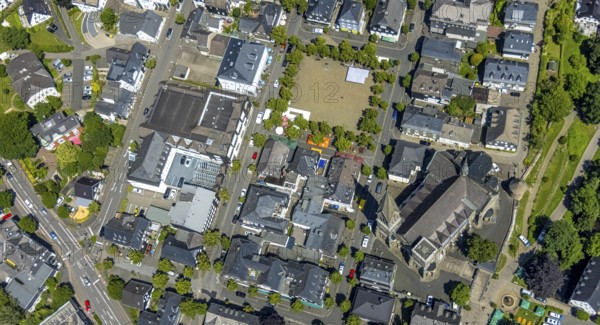 Aerial view, St. Martinus Church, town wall with angel tower, market square and town centre, Olpe town, Olpe, Sauerland, North Rhine-Westphalia, Germany, place of worship, DE, Europe, religious community, place of worship, holy site, church, parish, denomination, aerial view, aerial photography, aerial photography, market, market square, parish church, religion, religious site, tower, overview, bird's-eye view, birds-eyes view, overview