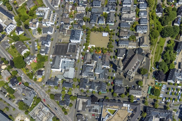 Aerial view, St. Martinus Church, town wall with angel tower, market square and town centre, Olpe town, Olpe, Sauerland, North Rhine-Westphalia, Germany, place of worship, DE, Europe, religious community, place of worship, holy site, church, parish, denomination, aerial view, aerial photography, aerial photography, market, market square, parish church, religion, religious site, tower, overview, bird's-eye view, birds-eyes view, overview