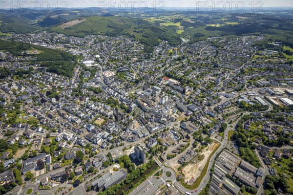 Aerial view, city centre view, town hall, St. Martinus Church, Olpe city, Olpe, Sauerland, North Rhine-Westphalia, Germany, old railway station, place of worship, authority, DE, Europe, health care, religious community, place of worship, holy place, hospital, church, church community, clinic, clinic centre, denomination, hospital, hospital, aerial view, aerial photography, aerial photography, medical facility, medical aid, religion, religious site, St. Martinus-Hospital, overview, bird's-eye view, birds-eyes view, overview, medical care