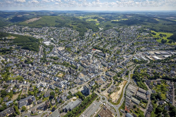Aerial view, city centre view, town hall, St. Martinus Church, Olpe city, Olpe, Sauerland, North Rhine-Westphalia, Germany, old railway station, place of worship, authority, DE, Europe, health care, religious community, place of worship, holy place, hospital, church, church community, clinic, clinic centre, denomination, hospital, hospital, aerial view, aerial photography, aerial photography, medical facility, medical aid, religion, religious site, St. Martinus-Hospital, overview, bird's-eye view, birds-eyes view, overview, medical care
