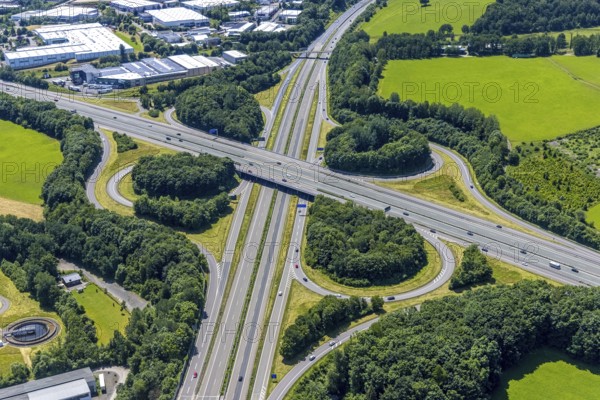 Aerial view, motorway junction Olpe-Süd, A4 and A45, Dahl, Olpe, Sauerland, North Rhine-Westphalia, Germany, motorway A4, motorway A45, motorway bridge, bridge, DE, Europe, aerial view, aerial photography, aerial photography, road traffic, overview, traffic volume, bird's eye view, birds-eyes view, overview