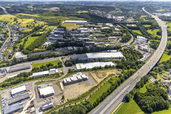 Aerial view, commercial area Raiffeisenstraße and Im Langen Feld, Dahl, Olpe, Sauerland, North Rhine-Westphalia, Germany, DE, Europe, commercial enterprises, commercial area, commercial area, commercial location, commercial use, industrial area, industrial location, aerial photograph, aerial photography, aerial photography, overview, bird's-eye view, birds-eyes view, overview