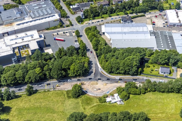 Aerial view, construction site for new roundabout Koblenzer Straße and Biggestraße, Olpe-Stadt, Olpe, Sauerland, North Rhine-Westphalia, Germany, construction work, construction area, building site, building plots, construction project, construction site, DE, Europe, roundabout, roundabout, aerial view, aerial photography, aerial photography, new construction, overview, bird's-eye view, overview