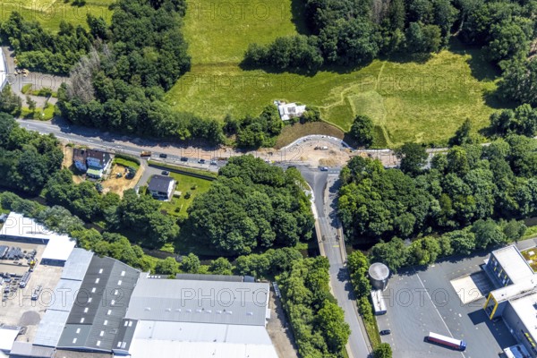 Aerial view, construction site for new roundabout Koblenzer Straße and Biggestraße, Olpe-Stadt, Olpe, Sauerland, North Rhine-Westphalia, Germany, construction work, construction area, building site, building plots, construction project, construction site, DE, Europe, roundabout, roundabout, aerial view, aerial photography, aerial photography, new construction, overview, bird's-eye view, overview