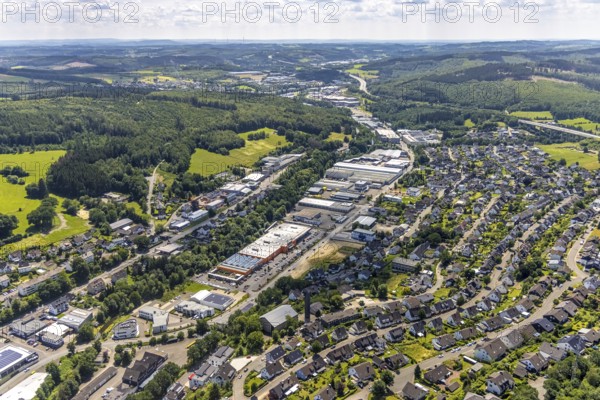 Aerial view, commercial area In der Trift, Koblenzer Straße, Dahl, Olpe, Sauerland, North Rhine-Westphalia, Germany, DE, Europe, commercial enterprises, commercial area, commercial site, commercial use, industrial area, industrial site, aerial photograph, aerial photography, aerial photography, overview, bird's-eye view, bird's-eye view, overview