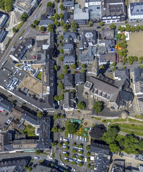 Aerial view, St. St Martin's Church, city wall with angel tower, police operation at Kurkölner Platz, Olpe town, Olpe, Sauerland, North Rhine-Westphalia, Germany, place of worship, supervision, eye of the law, DE, Europe, religious community, place of worship, holy place, church, parish, denomination, aerial view, aerial photography, aerial photography, market, marketplace, law enforcement officer, parish church, police, religion, religious site, state power, tower, overview, bird's-eye view, birds-eyes view, overview