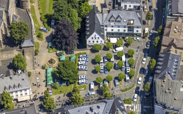 Aerial photo, police operation at Kurkölner Platz, Olpe city, Olpe, Sauerland, North Rhine-Westphalia, Germany, supervision, eye of the law, DE, Europe, aerial photography, aerial photography, law enforcement, police, state power, overview, bird's-eye view, birds-eyes view, overview