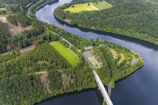 Aerial view, Biggesee, Bigge Elements leisure centre, rowing club RC Biggesee, Olpe town, Olpe, Sauerland, North Rhine-Westphalia, Germany, Biggetalsperre, DE, Europe, leisure facility, leisure area, aerial view, aerial photography, aerial photography, reservoir, overview, bird's-eye view, overview