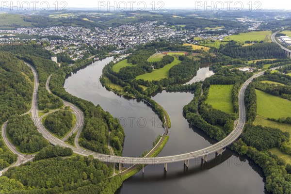 Aerial view, Biggesee, Obersee with bridge Landesstraße L512, bridge Bundesstraße B54, Olpe-Stadt, Olpe, Sauerland, North Rhine-Westphalia, Germany, Biggetalsperre, bridge, Bundesstraße B54, DE, Europe, shapes and colours, hilly landscape, aerial view, aerial photography, aerial photography, Ebbegebirge nature park Park, lake, reservoir, overview, bird's-eye view, bird's-eye view, overview