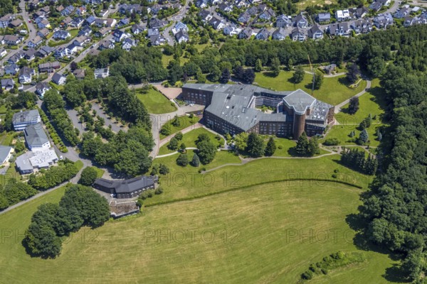 Aerial view, Generalat der Franziskanerinnen v.d.ewigen Anbetung e.V., GFO Gemeinnützige Gesellschaft der Franziskanerinnen zu Olpe mbH, Olpe-Stadt, Olpe, Sauerland, North Rhine-Westphalia, Deutschland, DE, Europa, Glaubensgemeinschaft, Gotteshaus, Heilige Stätte, Luftaufnahme, Luftbildfotografie, Luftfotografie, Religion, Religiöse Stätte, Übersicht, Vogelperspektive, birds-eyes view, overview