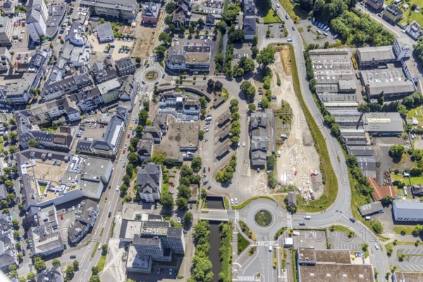 Aerial view, city centre, town hall and city archive, car park Alter Bahnhof, Olpe city, Olpe, Sauerland, North Rhine-Westphalia, Germany, authority, DE, Europe, roundabout, roundabout, aerial view, aerial photography, aerial photography, town hall, city archive, overview, bird's-eye view, overview