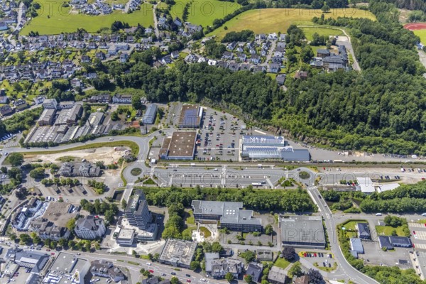 Aerial view, city centre, town hall and city archive, Olpe railway and bus station, car park Alter Bahnhof, Olpe city, Olpe, Sauerland, North Rhine-Westphalia, Germany, railway station, authority, bus station, DE, Deutsche Bahn AG, Europe, main station, main station, roundabout, roundabout, aerial view, aerial photography, aerial photography, town hall, city archive, overview, bird's-eye view, bird's-eye view, overview