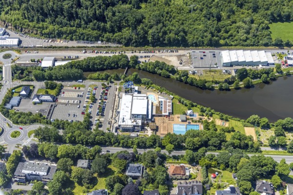 Aerial view, Olpe leisure pool, Olpe town, Olpe, Obersee, Sauerland, North Rhine-Westphalia, Germany, bathing establishment, bathing resort, DE, Europe, outdoor pool, leisure pool, leisure activities, aerial view, aerial photography, aerial photography, swimming pool, swimming pool, overview, bird's-eye view, overview