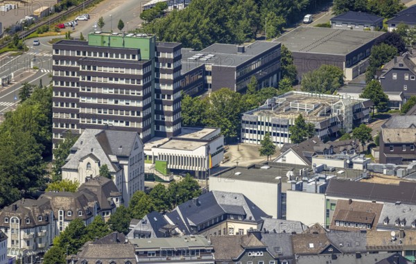 Aerial view, town hall and town archive, Olpe town, Olpe, Sauerland, North Rhine-Westphalia, Germany, authority, DE, Europe, high-rise building, aerial view, aerial photography, aerial photography, town hall, overview, bird's-eye view, overview