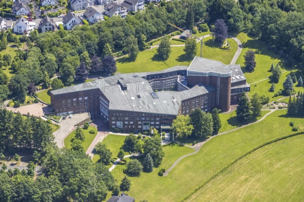Aerial view, Generalat der Franziskanerinnen v.d.ewigen Anbetung e.V., GFO Gemeinnützige Gesellschaft der Franziskanerinnen zu Olpe mbH, Olpe-Stadt, Olpe, Sauerland, North Rhine-Westphalia, Deutschland, DE, Europa, Glaubensgemeinschaft, Gotteshaus, Heilige Stätte, Luftaufnahme, Luftbildfotografie, Luftfotografie, Religion, Religiöse Stätte, Übersicht, Vogelperspektive, birds-eyes view, overview