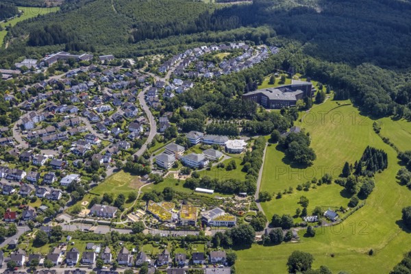 Aerial view, Balthasar children's and youth hospice, Josefshaus curative home for children and young people, Generalate of the Franciscan Sisters of Perpetual Adoration, Olpe town, Olpe, Sauerland, North Rhine-Westphalia, Germany, DE, Europe, religious community, place of worship, holy site, youth home, children's home, aerial view, aerial photography, aerial photography, religion, religious site, social institution, overview, bird's eye view, bird's eye view, overview