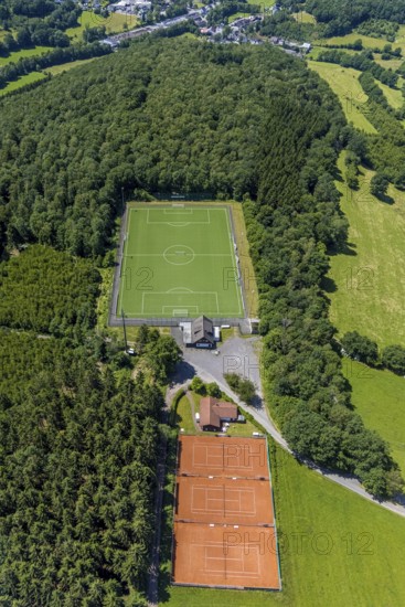 Aerial view, sports field Lütringhausen, Stachelau, Olpe, Sauerland, North Rhine-Westphalia, Germany, DE, Europe, football field, football stadium, aerial view, aerial photography, aerial photography, sports, sports facilities, sports field, sports venue, tennis, tennis facility, tennis courts, overview, bird's-eye view, overview