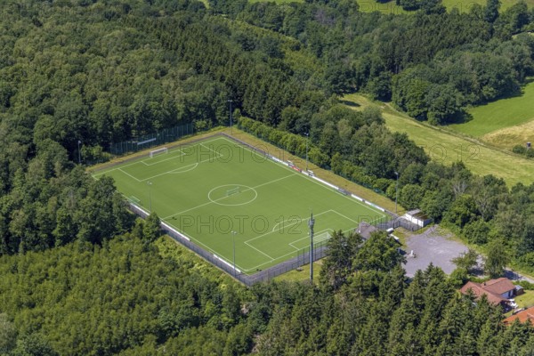 Aerial view, sports field Lütringhausen, Stachelau, Olpe, Sauerland, North Rhine-Westphalia, Germany, DE, Europe, football field, football stadium, aerial view, aerial photography, aerial photography, sports, sports facilities, sports field, sports venue, overview, bird's-eye view, overview