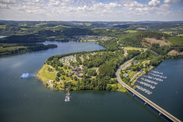 Aerial view, Biggesee, Camping Biggesee - Vier Jahreszeiten, Rhode, Olpe, Sauerland, North Rhine-Westphalia, Germany, excursion boat, Biggetalsperre, boats, boat landing stage, camping, camping facility, camping houses, camping mobile, campsite, DE, Europe, leisure, aerial view, aerial photography, aerial photography, lake, sailing boats, reservoir, dam, overview, bird's eye view, motorhome, caravan, birds-eyes view, overview