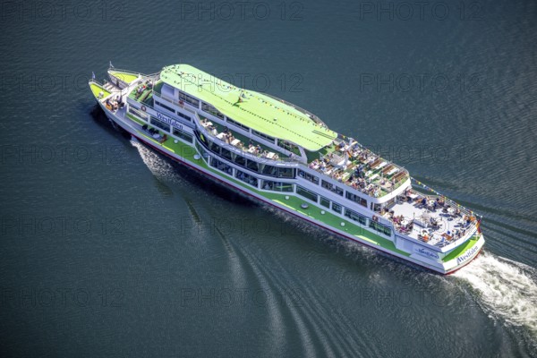 Aerial view, Biggesee, passenger navigation with the excursion boat Westfalen, sun deck, Sondern, Olpe, Sauerland, North Rhine-Westphalia, Germany, Biggetalsperre, DE, Europe, aerial view, aerial photography, aerial photography, navigation, lake, reservoir, dam, overview, bird's-eye view, overview