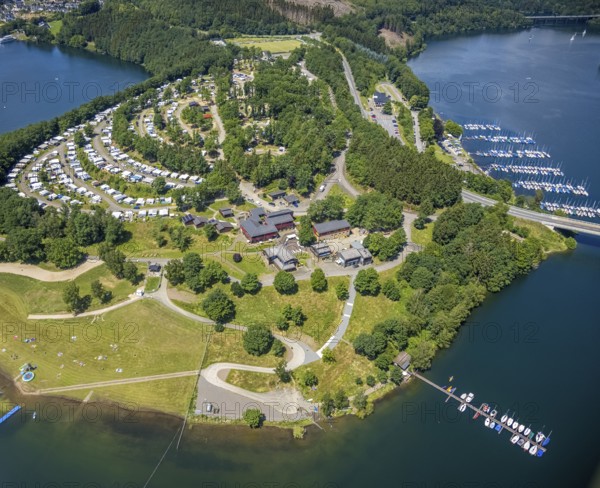 Aerial view, Biggesee, Camping Biggesee - Vier Jahreszeiten, Rhode, Olpe, Sauerland, North Rhine-Westphalia, Germany, excursion boat, Biggetalsperre, boats, boat landing stage, DE, Europe, aerial view, aerial photography, aerial photography, lake, sailing boats, reservoir, dam, overview, bird's eye view, birds-eyes view, overview
