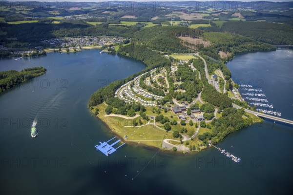 Aerial view, Biggesee, Camping Biggesee - Vier Jahreszeiten, passenger navigation with the excursion boat Westfalen, Sondern, Olpe, Sauerland, North Rhine-Westphalia, Germany, excursion boat, bathing platform, Biggetalsperre, boats, boat landing stage, DE, Europe, aerial view, aerial photography, aerial photography, pontoon, lake, reservoir, dam, overview, bird's eye view, birds-eyes view, overview
